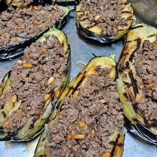 Stuffed Eggplant ready for the oven. (Stuffed with lamb, caramelized onions and