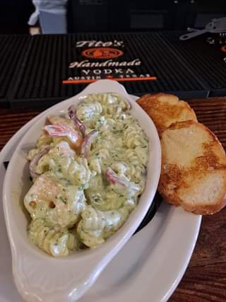 Today’s lunch feature: Shrimp with pistachio pesto Alfredo, over Rotini pasta 😋